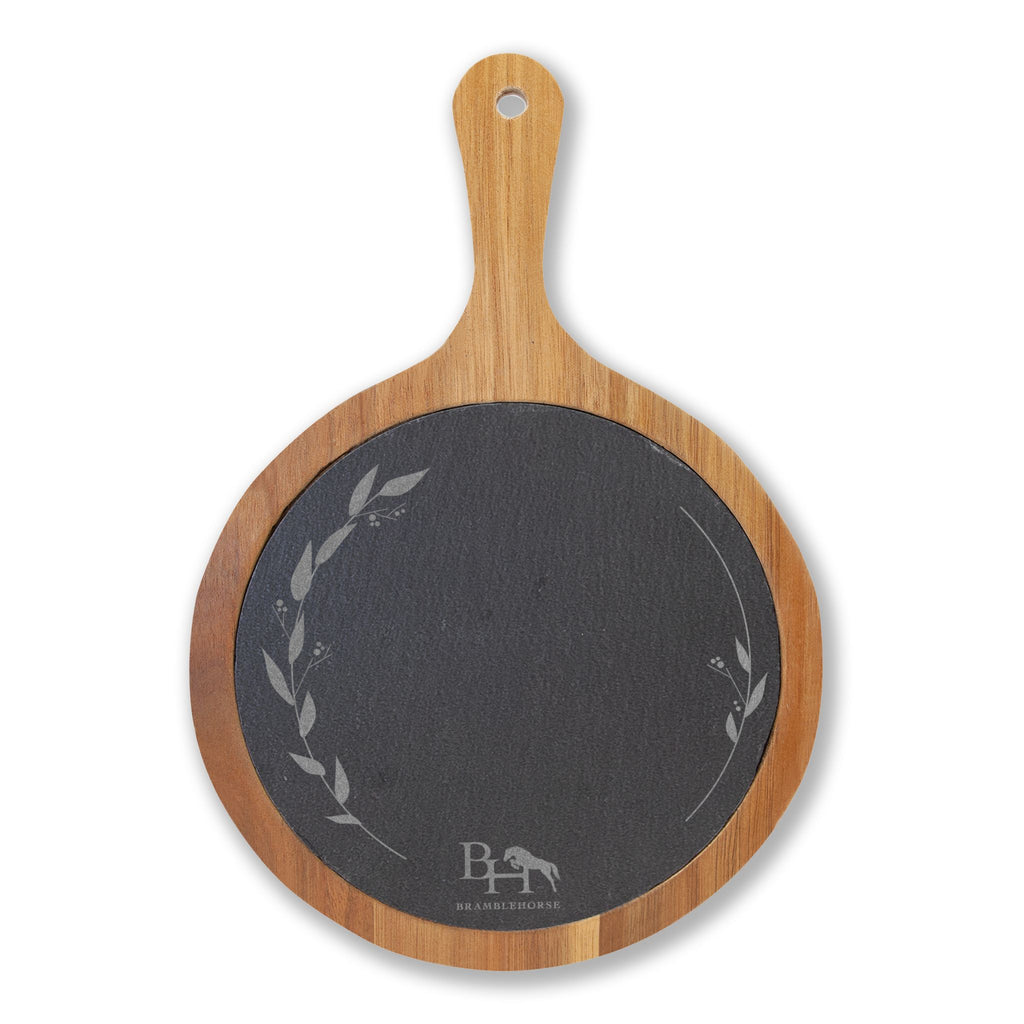 Engraved Acacia Charcuterie Board Set with Slate Insert & Cheese Knives - Four-Person Round