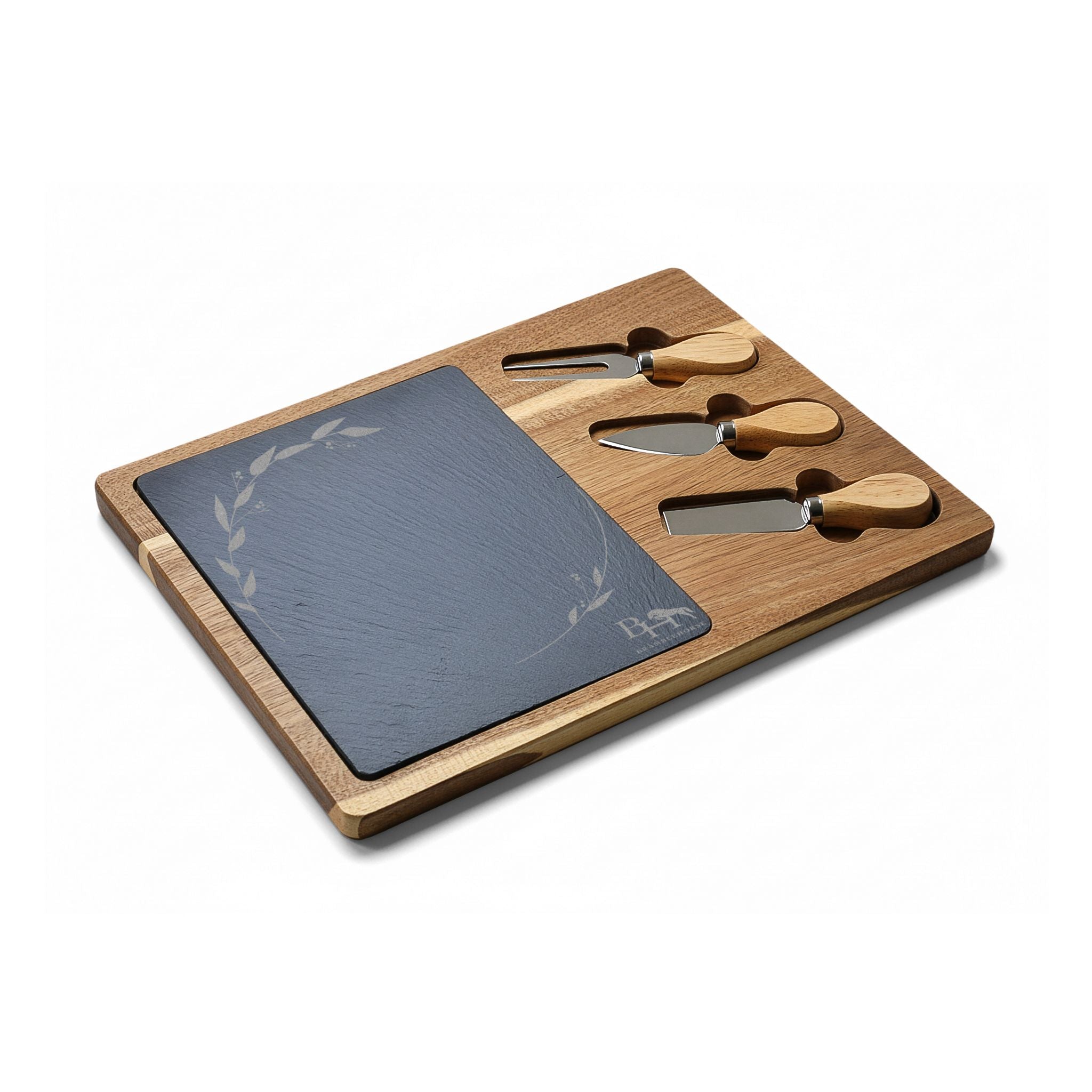 Engraved Acacia Charcuterie Board Set with Slate Insert & Cheese Knives - Two-Person Rectangle