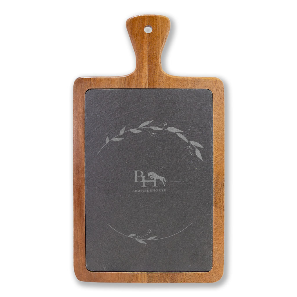 Engraved Acacia Charcuterie Board Set with Slate Insert & Cheese Knives - Four-Person Rectangle