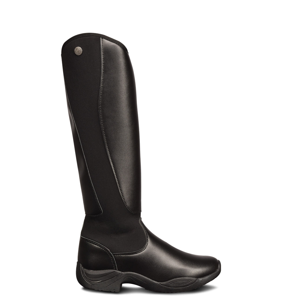 A single black leather tall riding boot shown in profile against a solid white background.