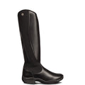 A single black leather tall riding boot shown in profile against a solid white background.