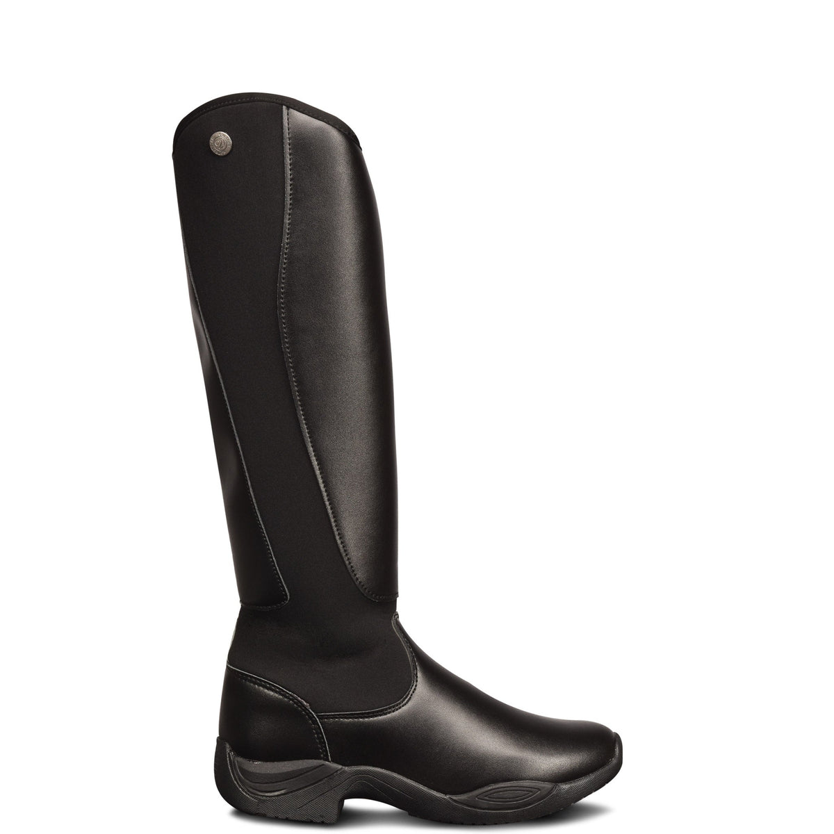 A single black leather tall riding boot shown in profile against a solid white background.