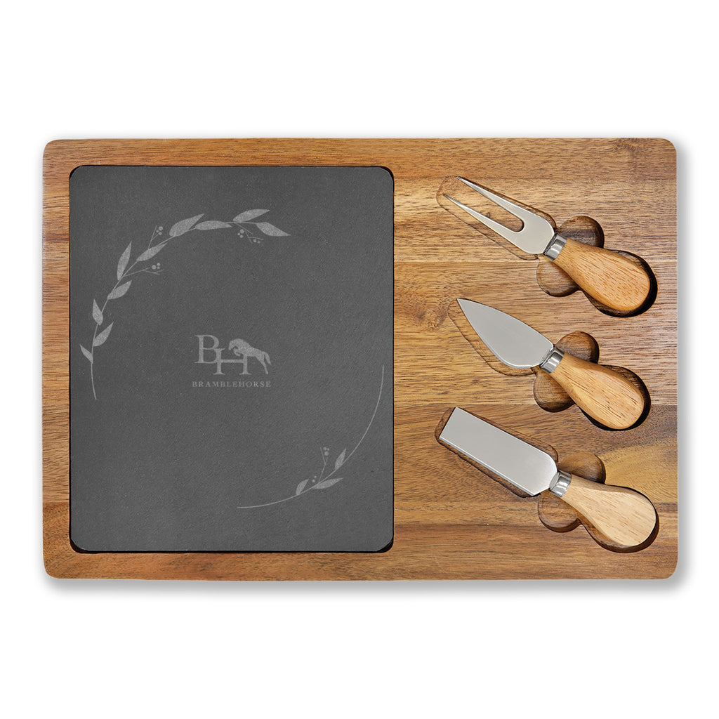 Engraved Acacia Charcuterie Board Set with Slate Insert & Cheese Knives - Four-Person Rectangle