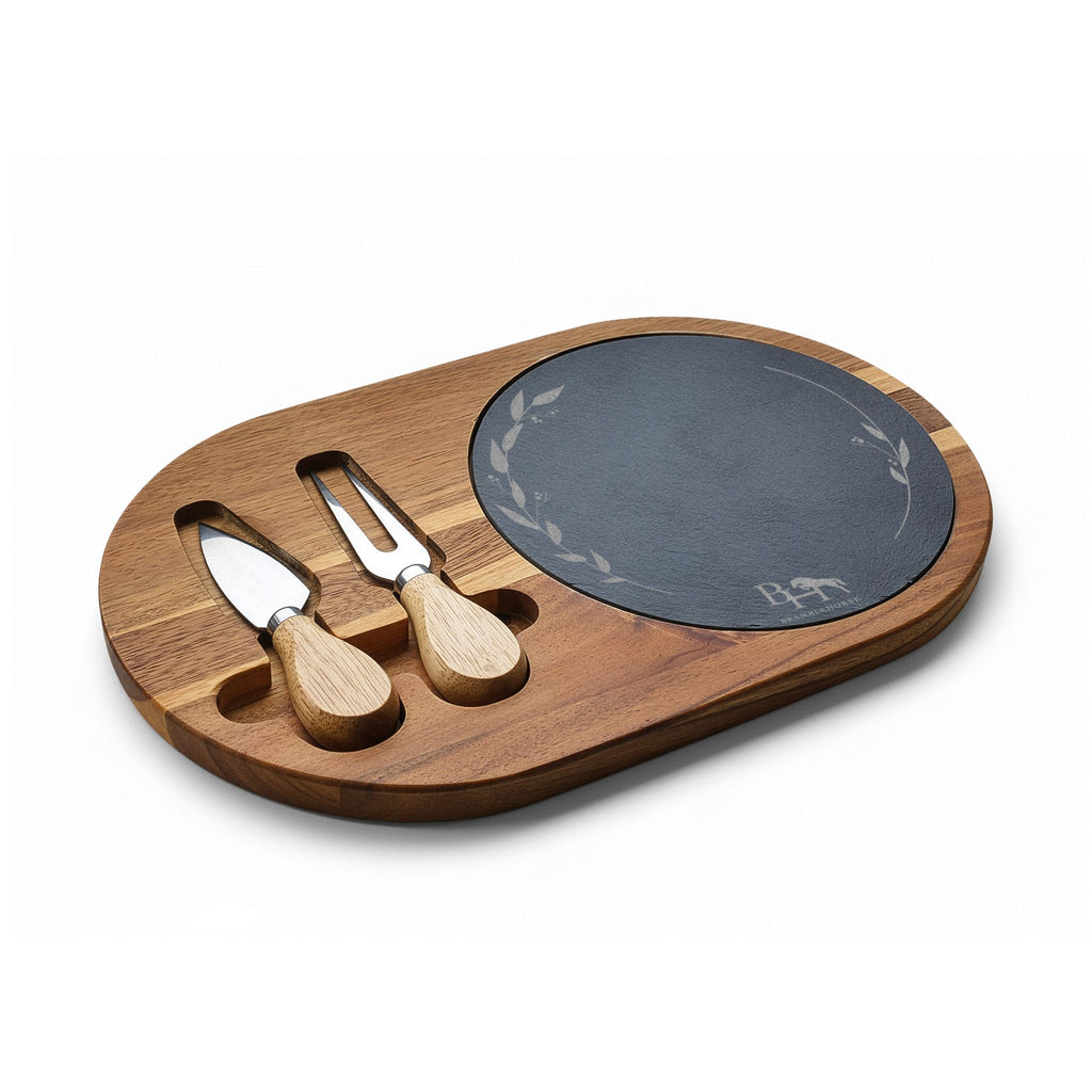 Engraved Acacia Charcuterie Board Set with Slate Insert & Cheese Knives - Four-Person Round