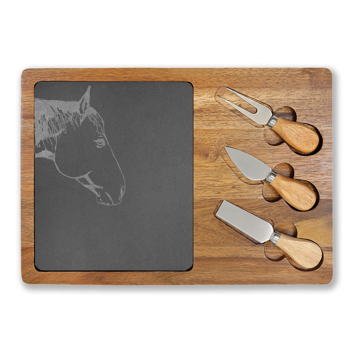 Engraved Horse Acacia Charcuterie Board with Slate Insert & Cheese Knives