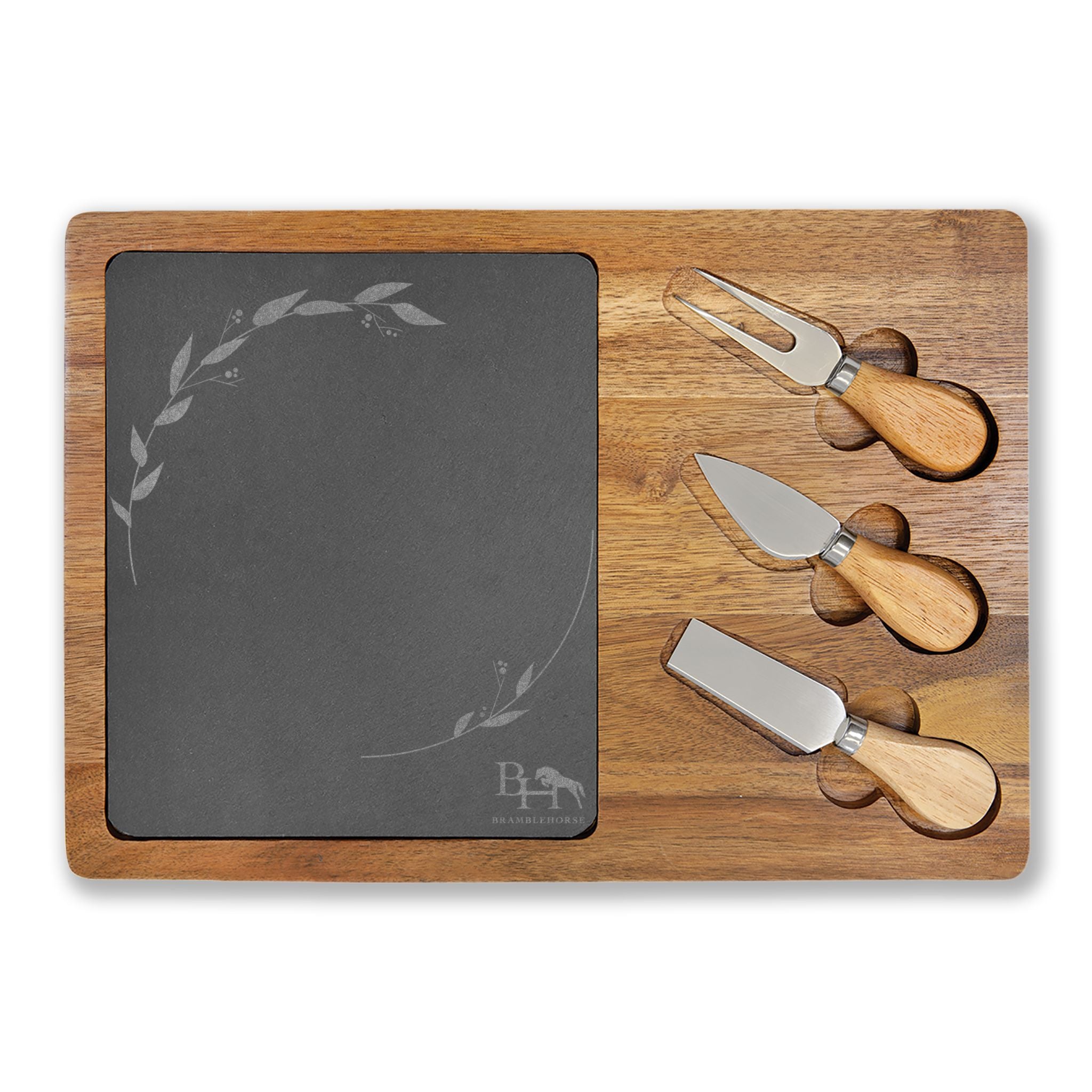 Engraved Acacia Charcuterie Board Set with Slate Insert & Cheese Knives - Two-Person Rectangle