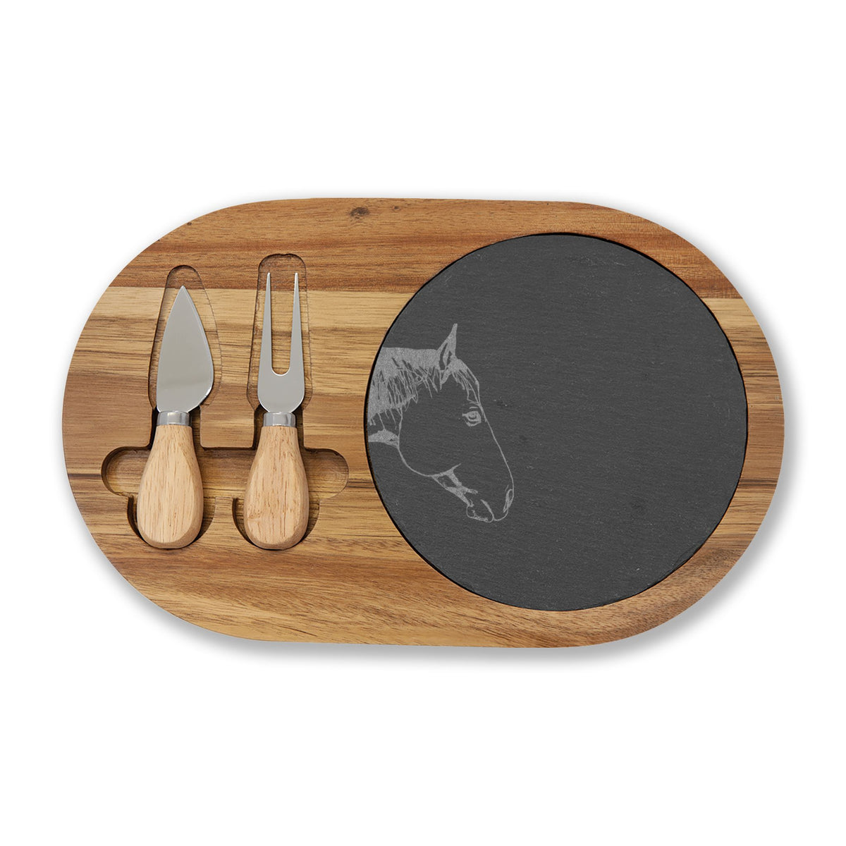 Engraved Horse Acacia Charcuterie Board with Slate Insert & Cheese Knives