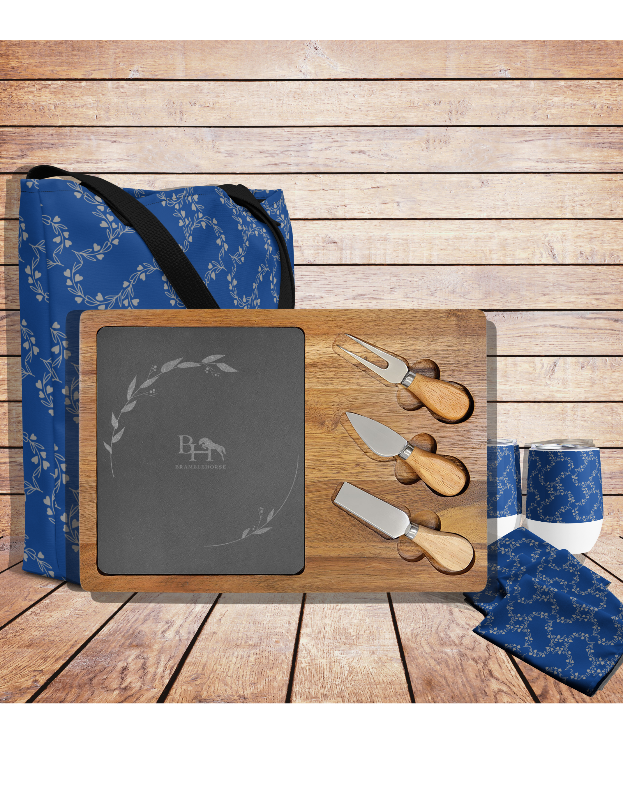 Engraved Acacia Charcuterie Board Set with Slate Insert & Cheese Knives - Two-Person Rectangle