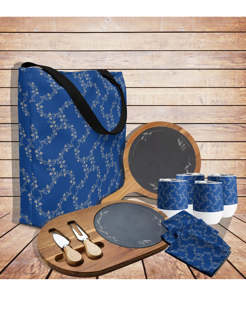 Engraved Acacia Charcuterie Board Set with Slate Insert & Cheese Knives - Four-Person Round