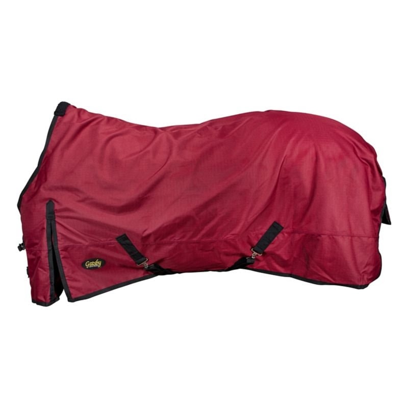 Red horse blanket with black trim on a white background